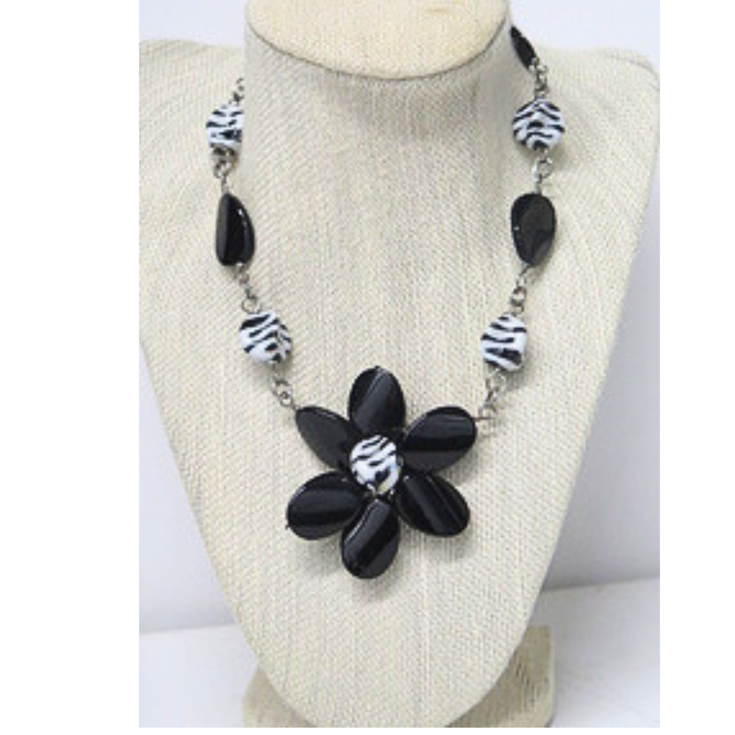 Handmade Black White Floral Statement Necklace Zebra Print