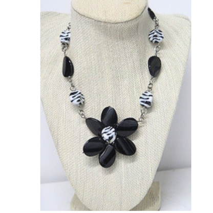 Handmade Black White Floral Statement Necklace Zebra Print