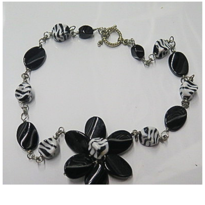 Handmade Black White Floral Statement Necklace Zebra Print