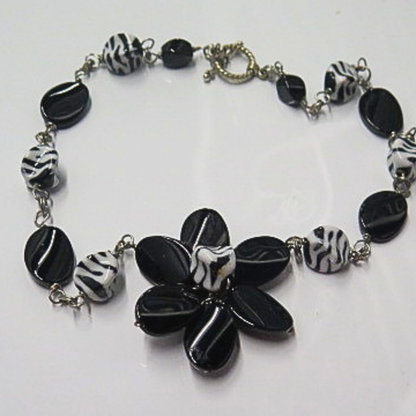 Handmade Black White Floral Statement Necklace Zebra Print