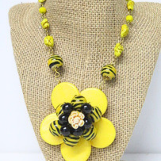 Handmade Yellow Flower Statement Necklace Black Zebra Beads