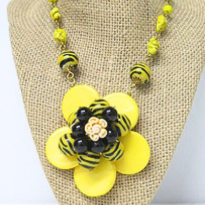 Handmade Yellow Flower Statement Necklace Black Zebra Beads