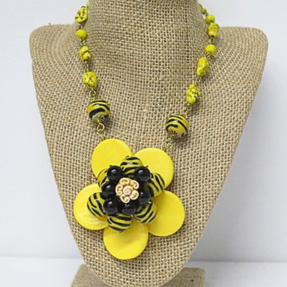 Handmade Yellow Flower Statement Necklace Black Zebra Beads
