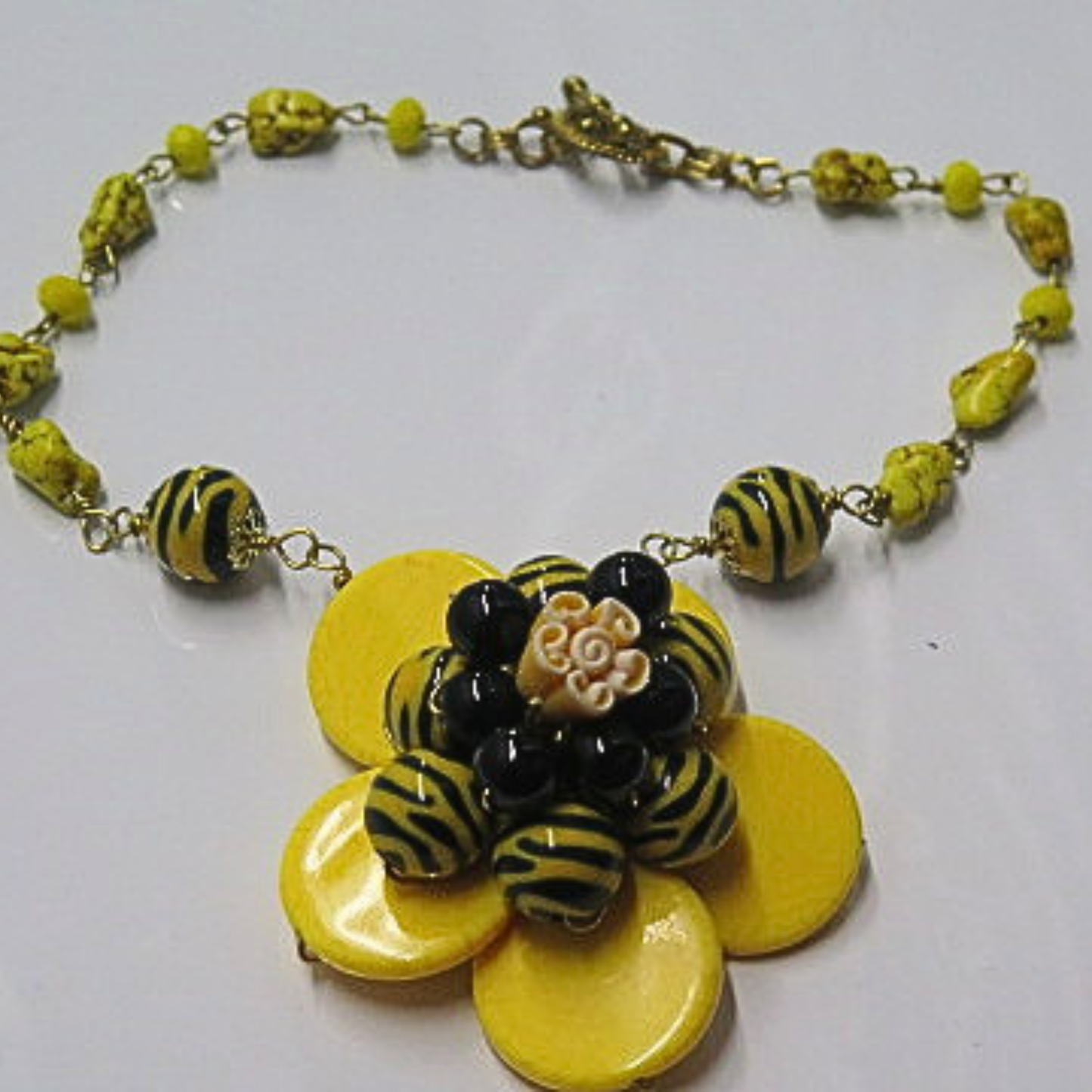 Handmade Yellow Flower Statement Necklace Black Zebra Beads