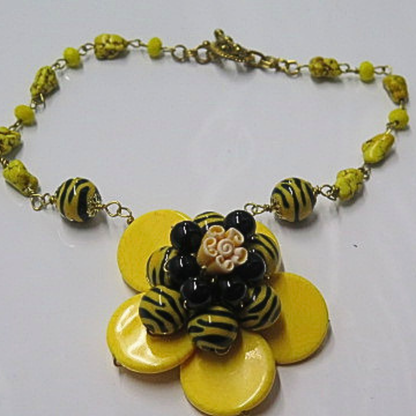 Handmade Yellow Flower Statement Necklace Black Zebra Beads