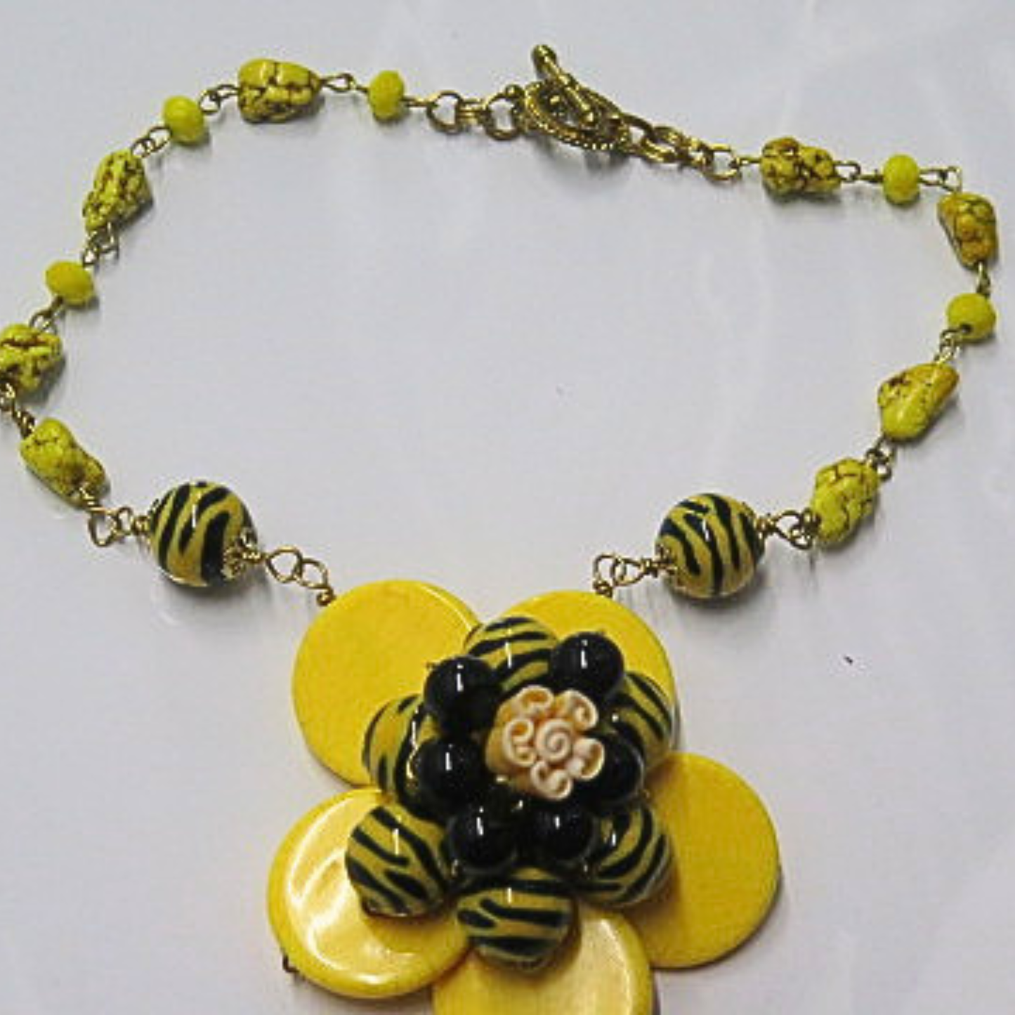 Handmade Yellow Flower Statement Necklace Black Zebra Beads