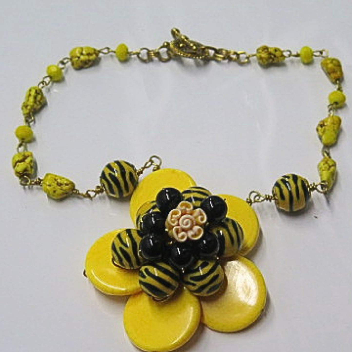 Handmade Yellow Flower Statement Necklace Black Zebra Beads