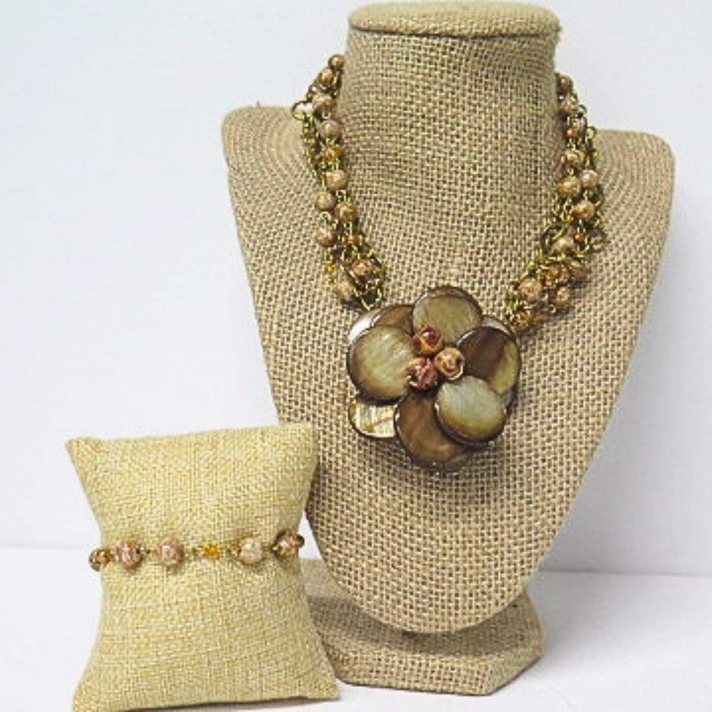 Handmade Layered Gold Floral Necklace Bracelet Set Neutral Statement Jewelry
