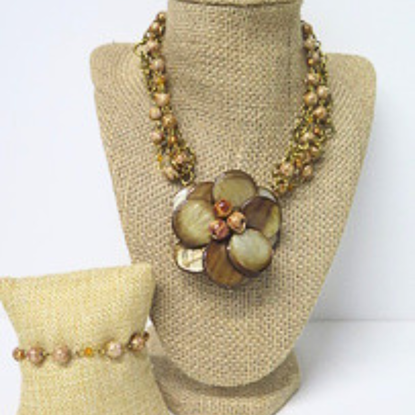 Handmade Layered Gold Floral Necklace Bracelet Set Neutral Statement Jewelry