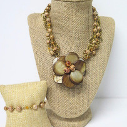 Handmade Layered Gold Floral Necklace Bracelet Set Neutral Statement Jewelry