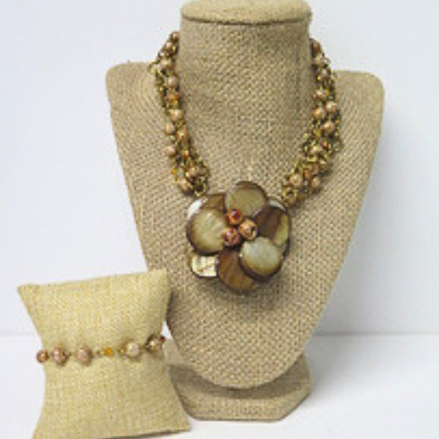Handmade Layered Gold Floral Necklace Bracelet Set Neutral Statement Jewelry