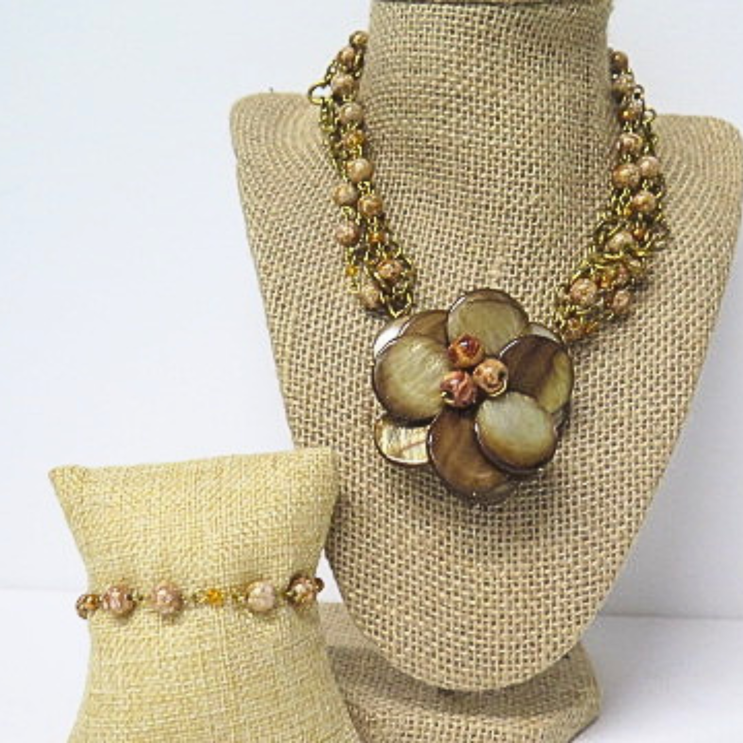 Handmade Layered Gold Floral Necklace Bracelet Set Neutral Statement Jewelry