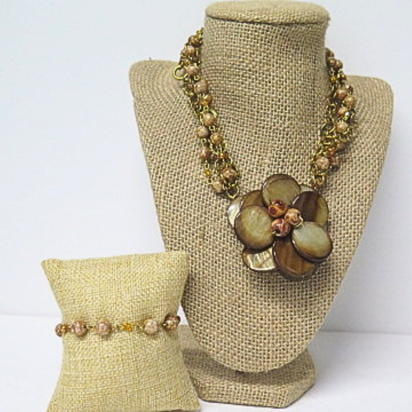 Handmade Layered Gold Floral Necklace Bracelet Set Neutral Statement Jewelry