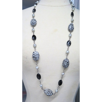 Handmade Long Black White Animal Print Necklace Statement Jewelry