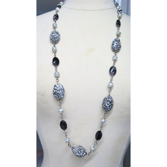 Handmade Long Black White Animal Print Necklace Statement Jewelry