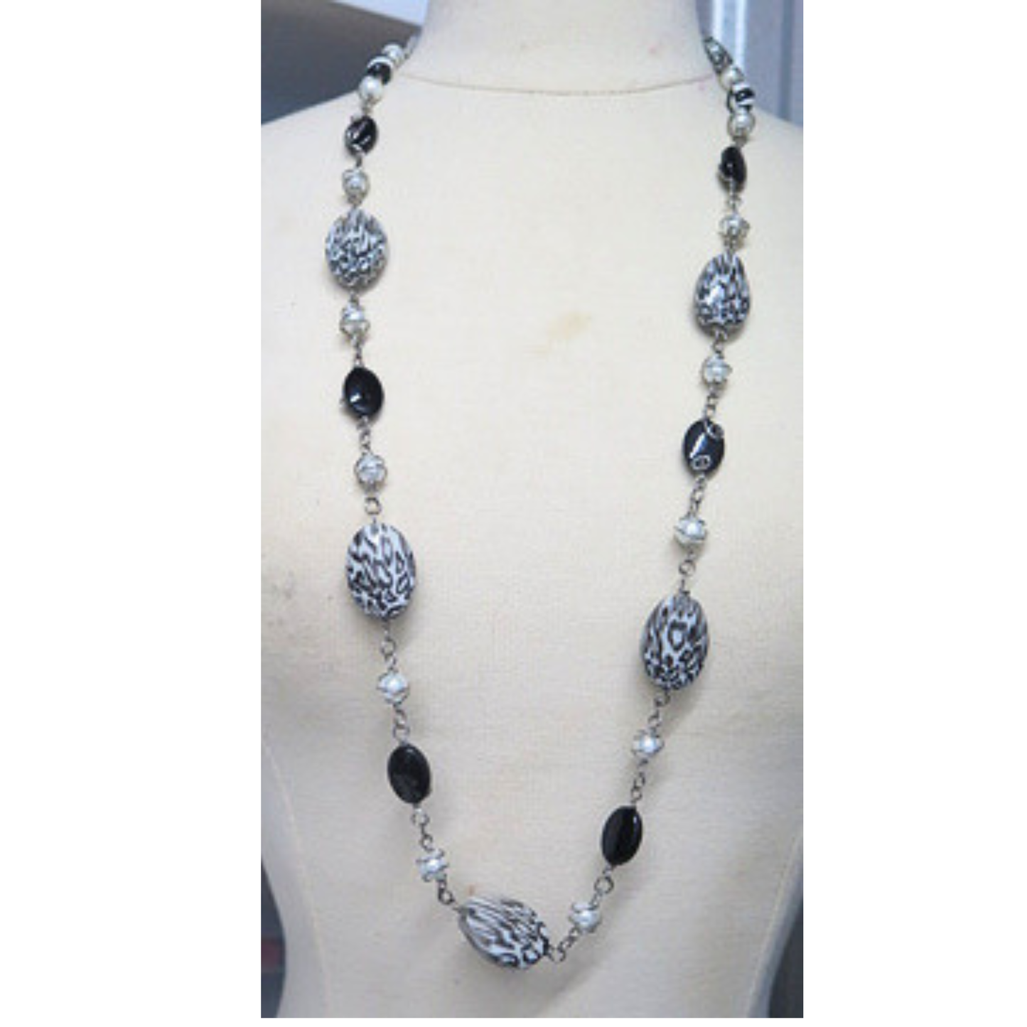 Handmade Long Black White Animal Print Necklace Statement Jewelry