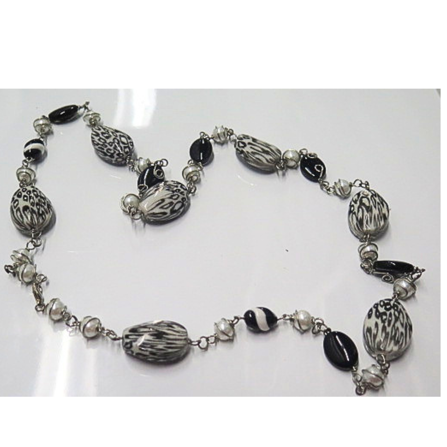 Handmade Long Black White Animal Print Necklace Statement Jewelry