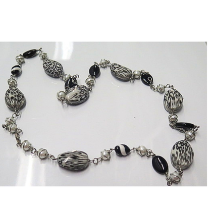 Handmade Long Black White Animal Print Necklace Statement Jewelry