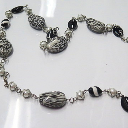 Handmade Long Black White Animal Print Necklace Statement Jewelry