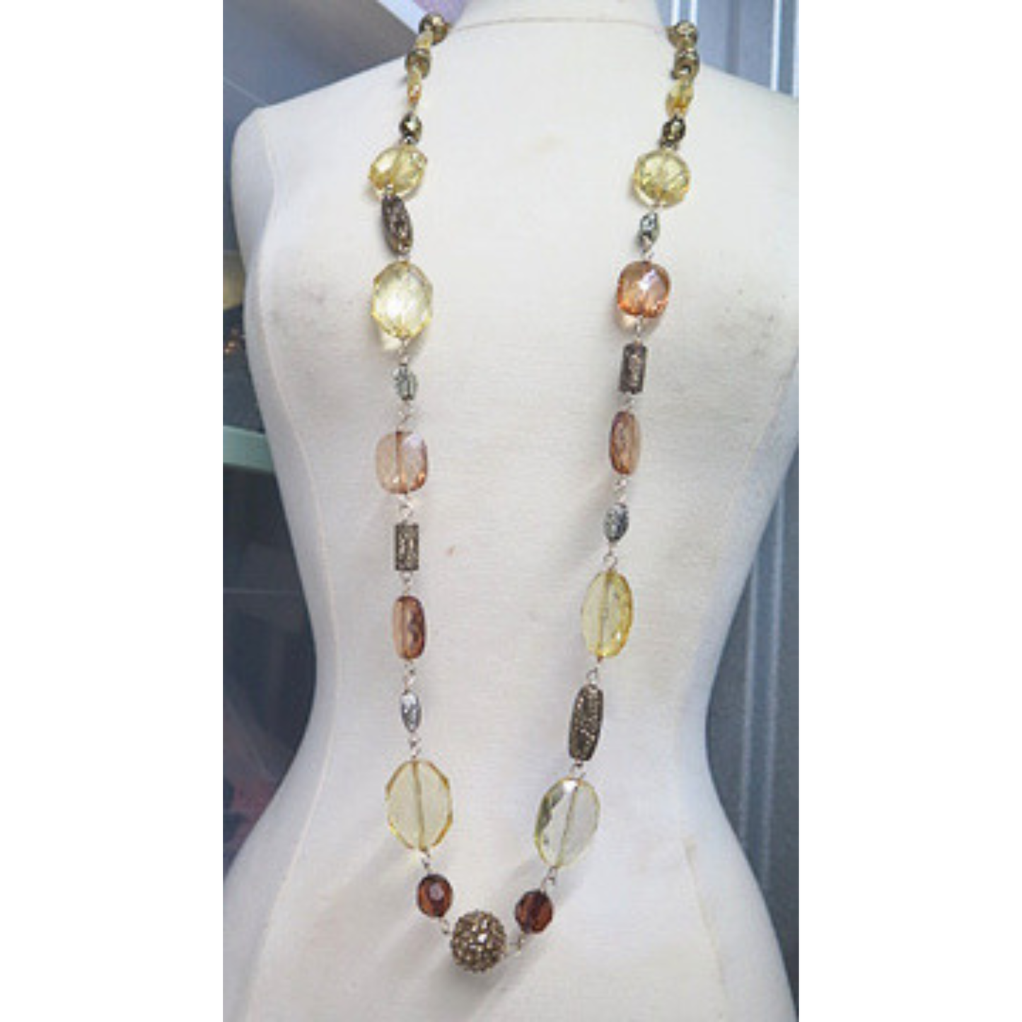 Handmade Long Golden Amber Beaded Statement Necklace Artisan Jewelry