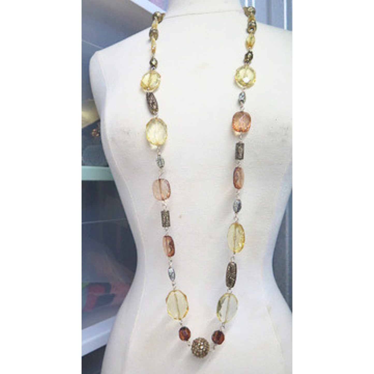 Handmade Long Golden Amber Beaded Statement Necklace Artisan Jewelry