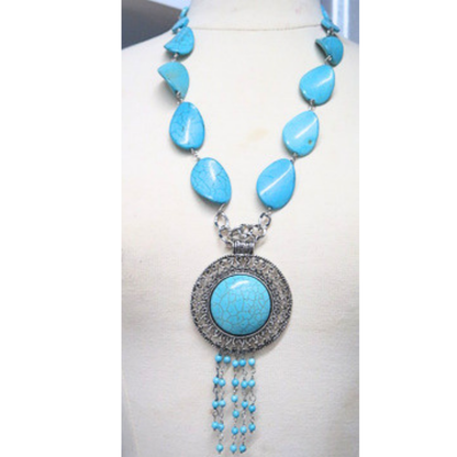 Turquoise Statement Pendant Necklace Silver Tone Boho Jewelry