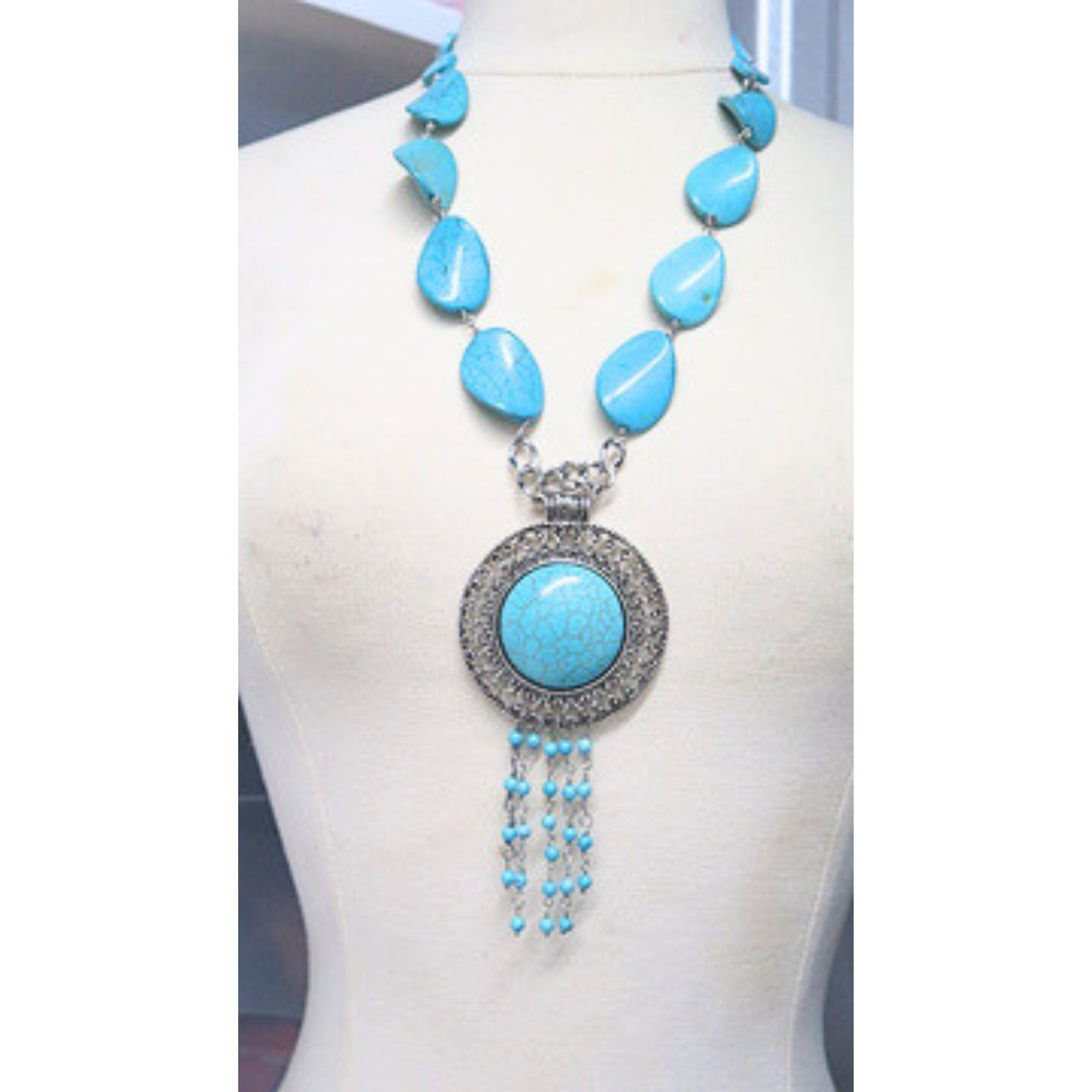 Turquoise Statement Pendant Necklace Silver Tone Boho Jewelry