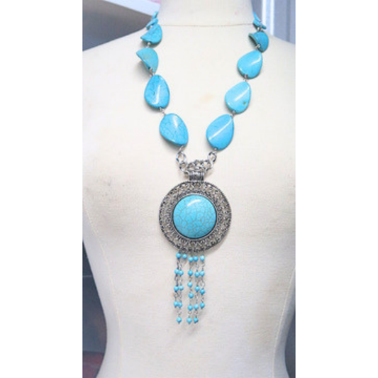 Turquoise Statement Pendant Necklace Silver Tone Boho Jewelry