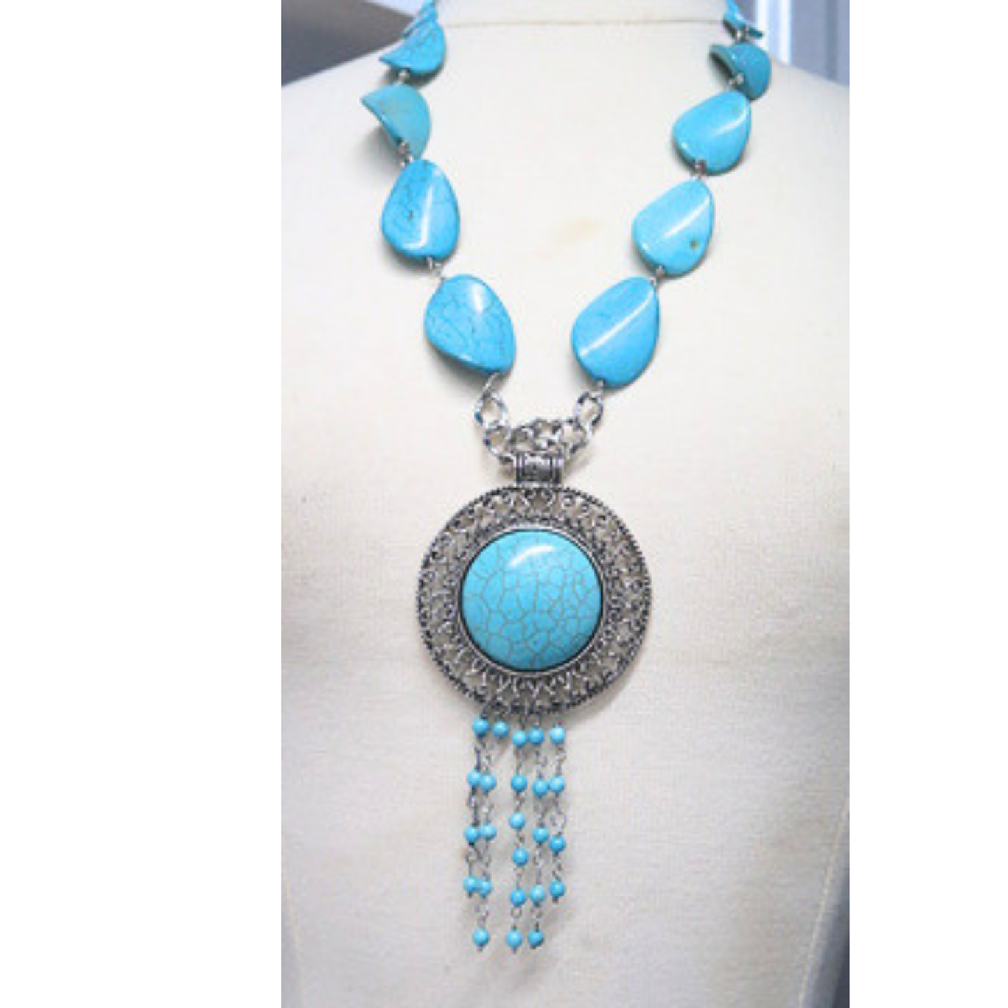 Turquoise Statement Pendant Necklace Silver Tone Boho Jewelry