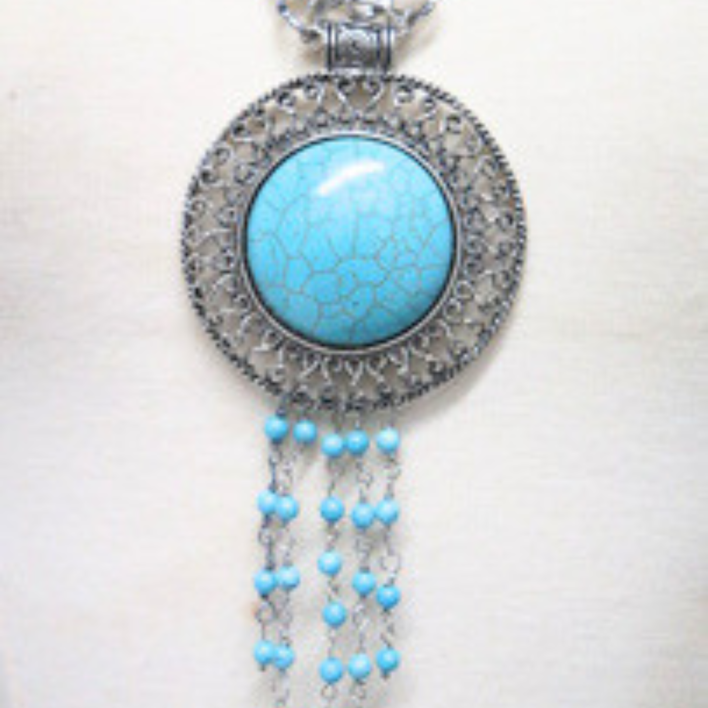 Turquoise Statement Pendant Necklace Silver Tone Boho Jewelry