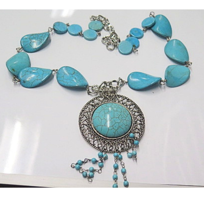 Turquoise Statement Pendant Necklace Silver Tone Boho Jewelry