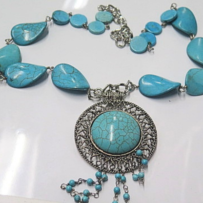 Turquoise Statement Pendant Necklace Silver Tone Boho Jewelry