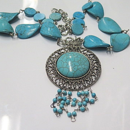 Turquoise Statement Pendant Necklace Silver Tone Boho Jewelry