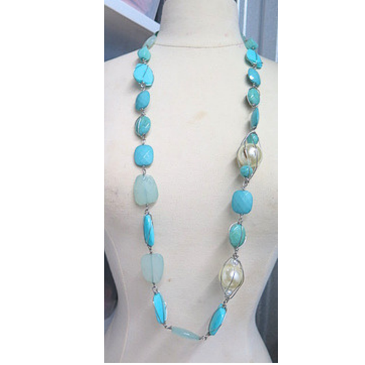 Handmade Aqua Blue Artisan Beaded Necklace | Long Wire Wrapped Statement Jewelry