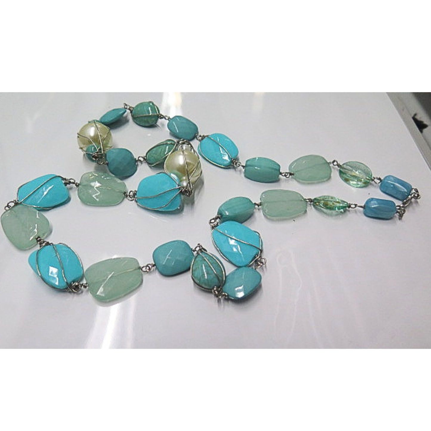 Handmade Aqua Blue Artisan Beaded Necklace | Long Wire Wrapped Statement Jewelry