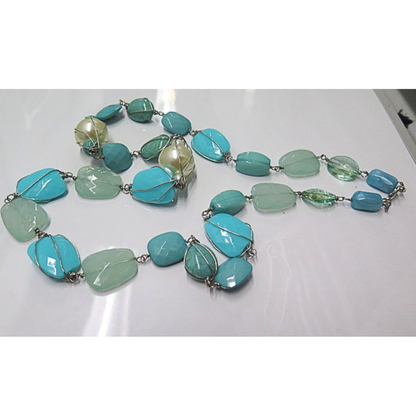 Handmade Aqua Blue Artisan Beaded Necklace | Long Wire Wrapped Statement Jewelry