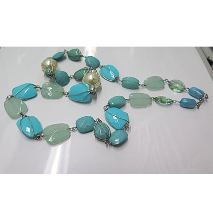 Handmade Aqua Blue Artisan Beaded Necklace | Long Wire Wrapped Statement Jewelry