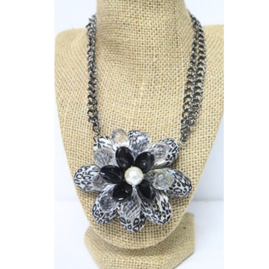 Handmade Black White Floral Statement Necklace | Oversized Artisan Flower Jewelry