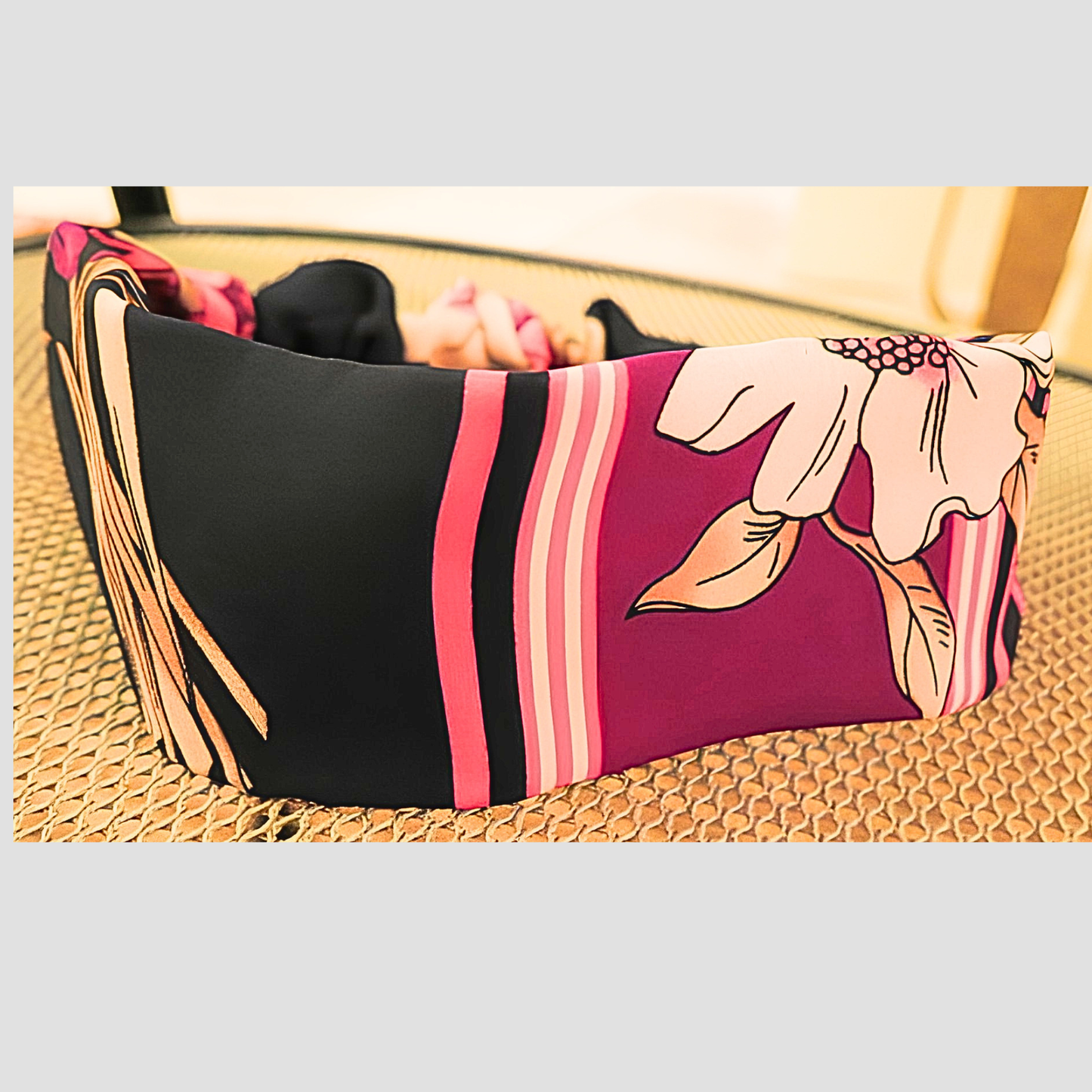 Women's Black Pink Floral Stripe Chiffon Scarf & Headband Set | Magenta Bloom Border Print | One Size Fits All Glamour Accessory Set