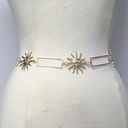 Women’s Gold Tone Sunburst Chain Belt – Adjustable Statement Waist Belt