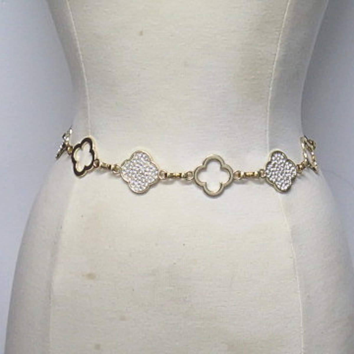 Gold Tone Quatrefoil Rhinestone Chain Belt Adjustable Statement Waist Belt