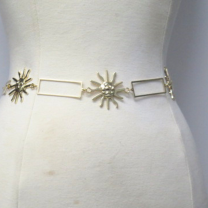 Women’s Gold Tone Sunburst Chain Belt – Adjustable Statement Waist Belt