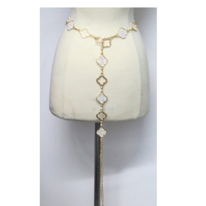 Gold Tone Quatrefoil Rhinestone Chain Belt Adjustable Statement Waist Belt