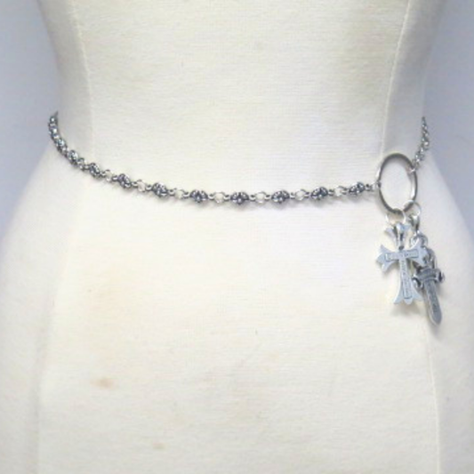 Women’s Silver Tone Cross Charm Chain Belt Adjustable Gothic Waist Belt