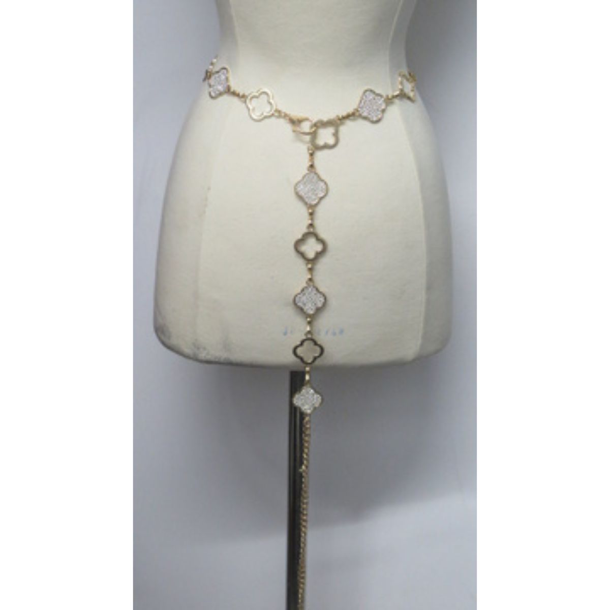 Gold Tone Quatrefoil Rhinestone Chain Belt Adjustable Statement Waist Belt