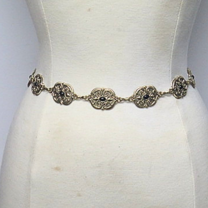 Gold Tone Filigree Medallion Chain Belt Black Stone Adjustable Waist Belt
