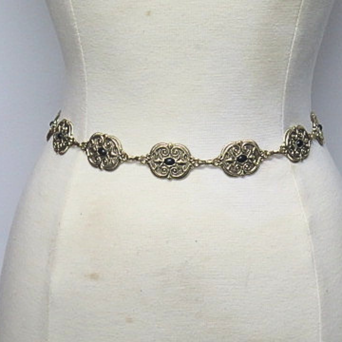 Gold Tone Filigree Medallion Chain Belt Black Stone Adjustable Waist Belt