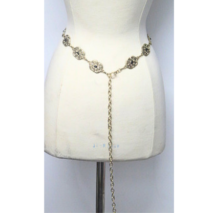Gold Tone Filigree Medallion Chain Belt Black Stone Adjustable Waist Belt