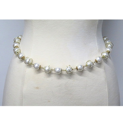 Handmade 10mm Faux Pearl Wire Wrapped Gold Tone Chain Waist Belt