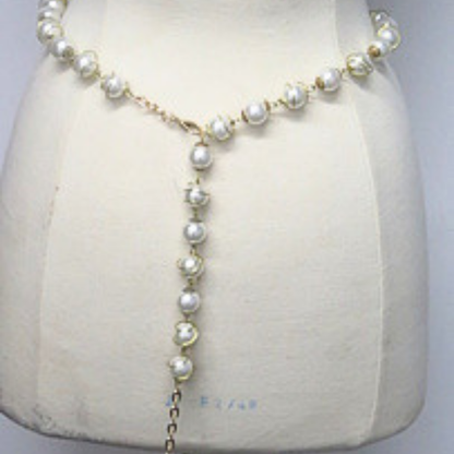 Handmade 10mm Faux Pearl Wire Wrapped Gold Tone Chain Waist Belt